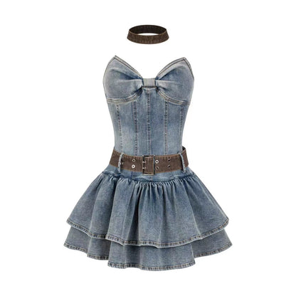 SISI Sauce 2023 new summer style "Retro Denim Sweet and Spicy Tube Dress" Girl's Slim Puff Skirt