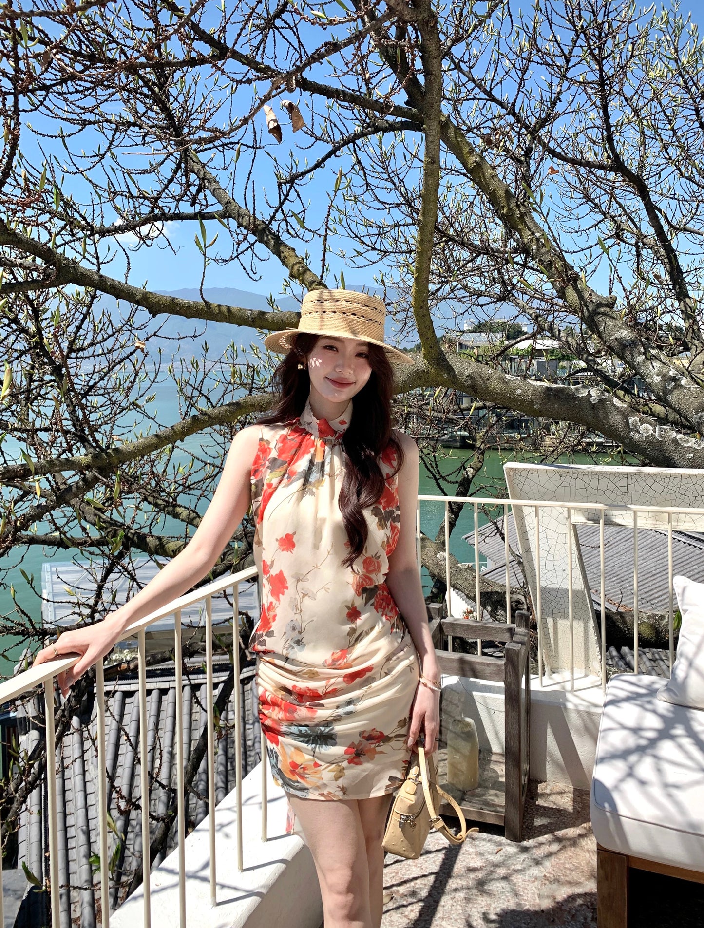 Syeee Moonlit Rose Retro Chinese Style Romantic Sleeveless Printed Dress Women's Summer Flattering Stand Collar Dress