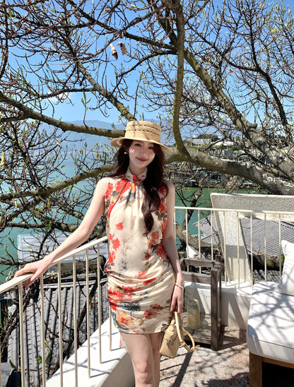 Syeee Moonlit Rose Retro Chinese Style Romantic Sleeveless Printed Dress Women's Summer Flattering Stand Collar Dress