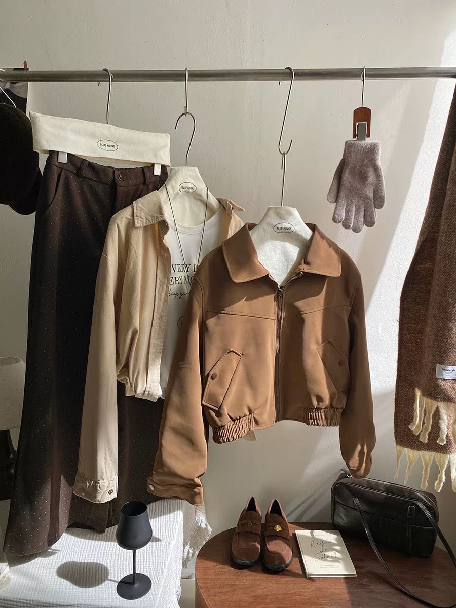 Retro high-end matte suede lapel short coat for women in autumn and winter, versatile casual motorcycle jacket top for small people