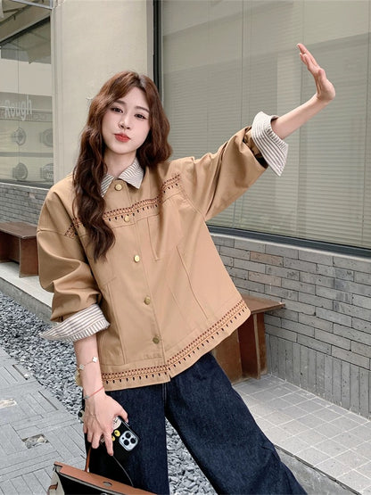 Striped contrast stitching khaki short coat women's spring and autumn 2025 new small size jacket top popular style