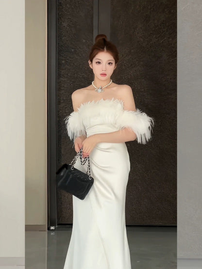 Song Soo-yeon SENIORS original temperament and high-end one-shoulder dress for women with slim waist and autumn dress