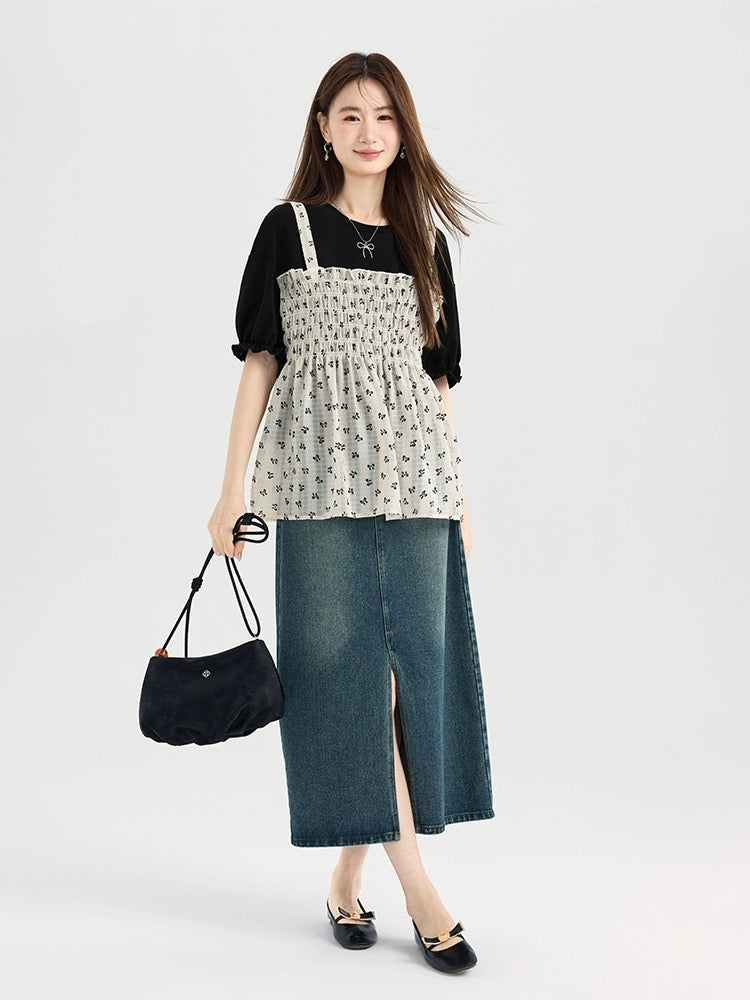 Love Rose Large Size Fat mm Slim Short Sleeve T-shirt Women 2024 New Fake Two-piece Summer Slightly Fat Wear Floral Top