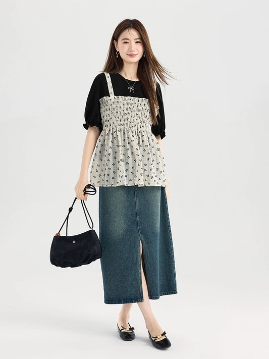 Love Rose Large Size Fat mm Slim Short Sleeve T-shirt Women 2024 New Fake Two-piece Summer Slightly Fat Wear Floral Top