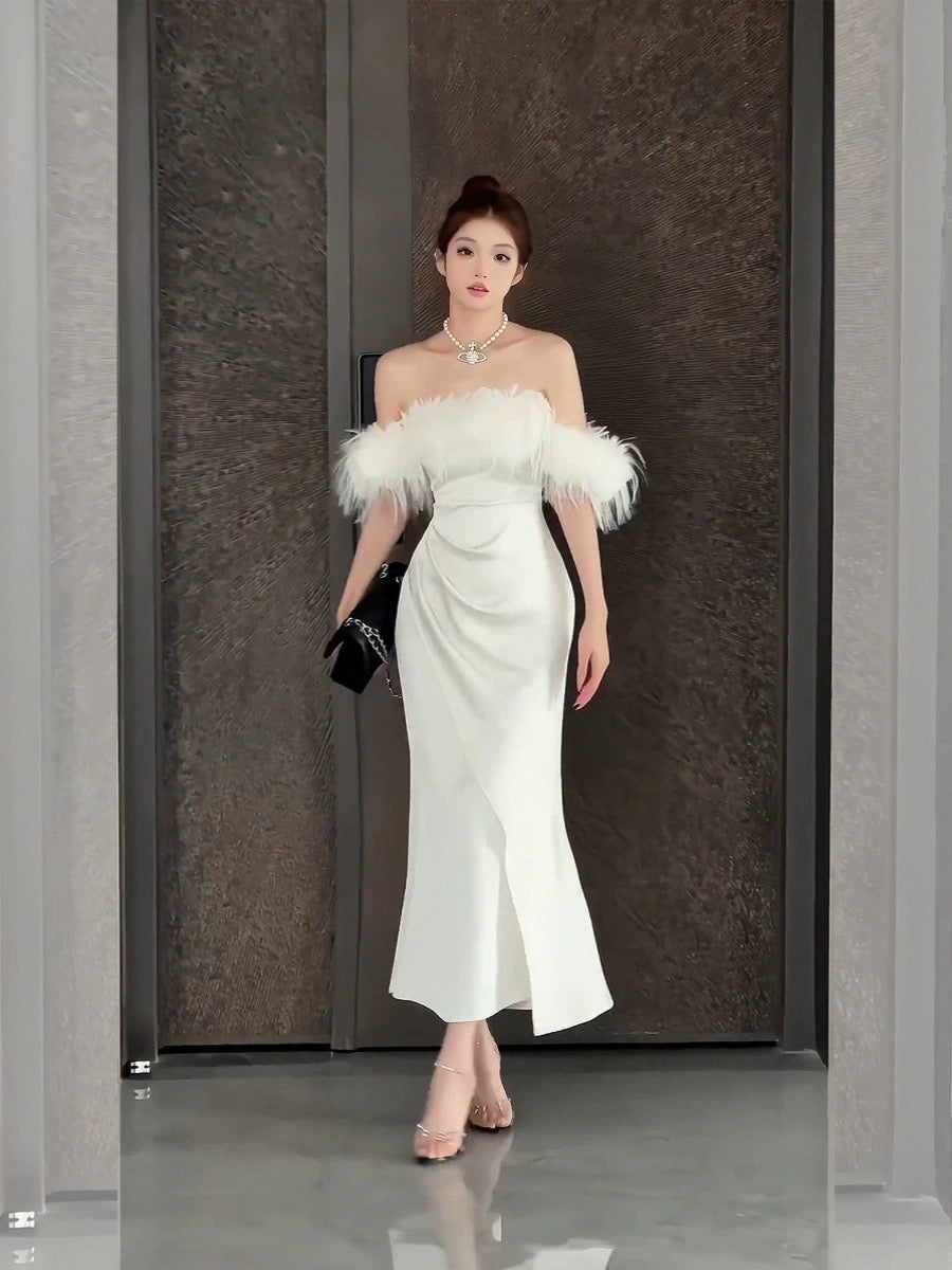 Song Soo-yeon SENIORS original temperament and high-end one-shoulder dress for women with slim waist and autumn dress
