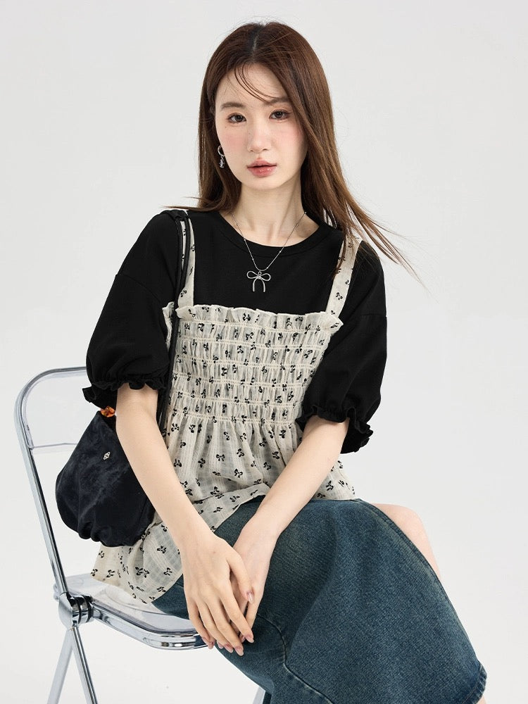 Love Rose Large Size Fat mm Slim Short Sleeve T-shirt Women 2024 New Fake Two-piece Summer Slightly Fat Wear Floral Top