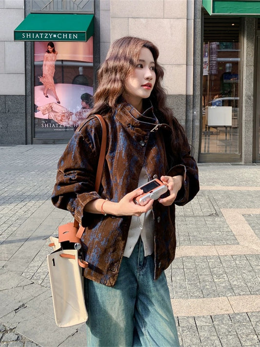 Contrast color flocking denim casual jacket for women spring and autumn 2025 new style small size unique and beautiful high-end top