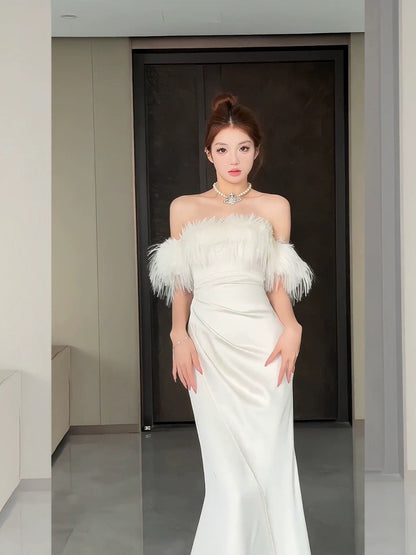 Song Soo-yeon SENIORS original temperament and high-end one-shoulder dress for women with slim waist and autumn dress