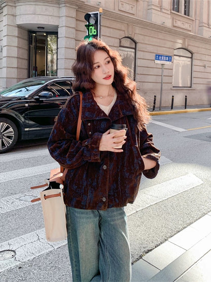 Contrast color flocking denim casual jacket for women spring and autumn 2025 new style small size unique and beautiful high-end top