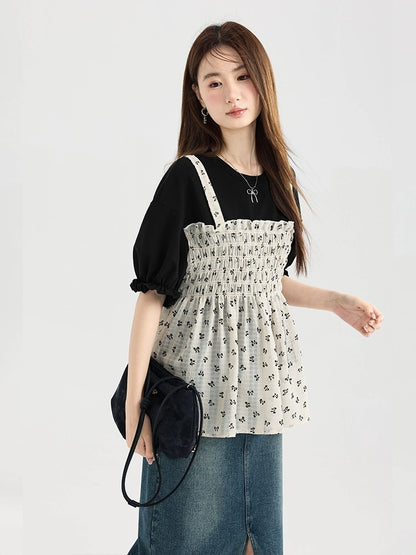 Love Rose Large Size Fat mm Slim Short Sleeve T-shirt Women 2024 New Fake Two-piece Summer Slightly Fat Wear Floral Top