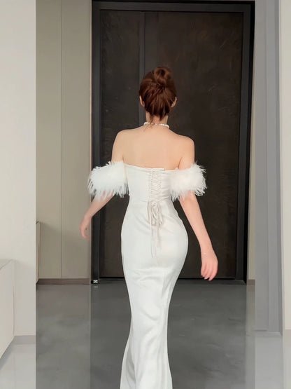 Song Soo-yeon SENIORS original temperament and high-end one-shoulder dress for women with slim waist and autumn dress