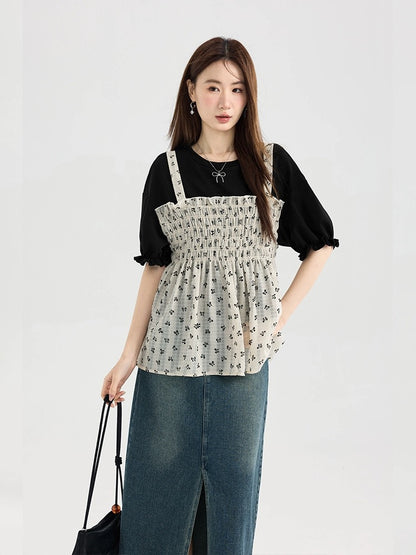 Love Rose Large Size Fat mm Slim Short Sleeve T-shirt Women 2024 New Fake Two-piece Summer Slightly Fat Wear Floral Top