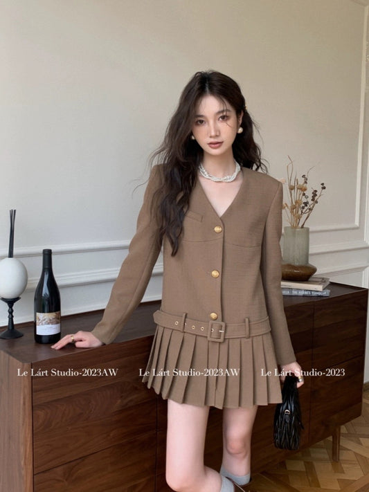 LELART 2024 Spring and Autumn New Dress French Xiaoxiang Loose Flesh-covering V-neck Suit Skirt Pleated Short Skirt