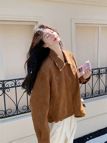 French Khaki Lapel Loose Suede Short Jacket Women Spring and Autumn 2025 New Small Size Popular Great Looking
