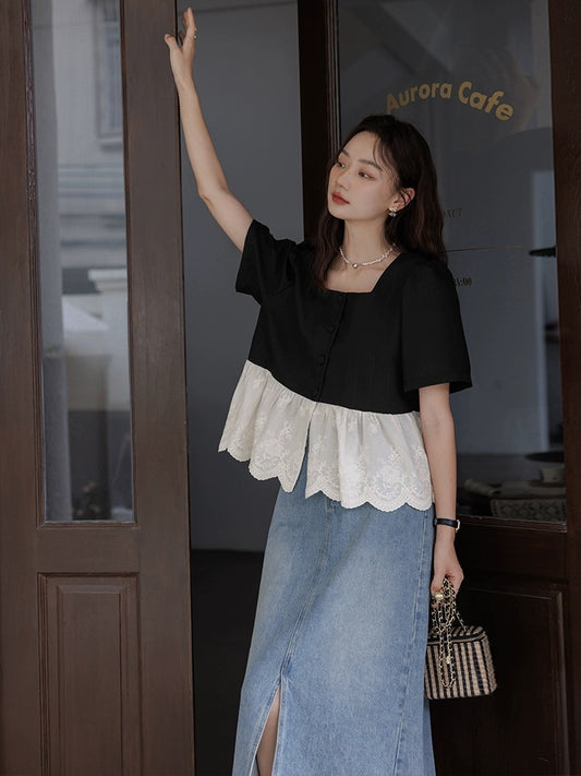 Love Rose Large Size French Short Sleeve Babydoll Slightly Fat Belly Covering Top Women's Summer Slim Fat mm Square Neck Shirt