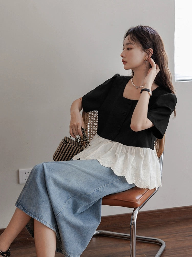 Love Rose Large Size French Short Sleeve Babydoll Slightly Fat Belly Covering Top Women's Summer Slim Fat mm Square Neck Shirt