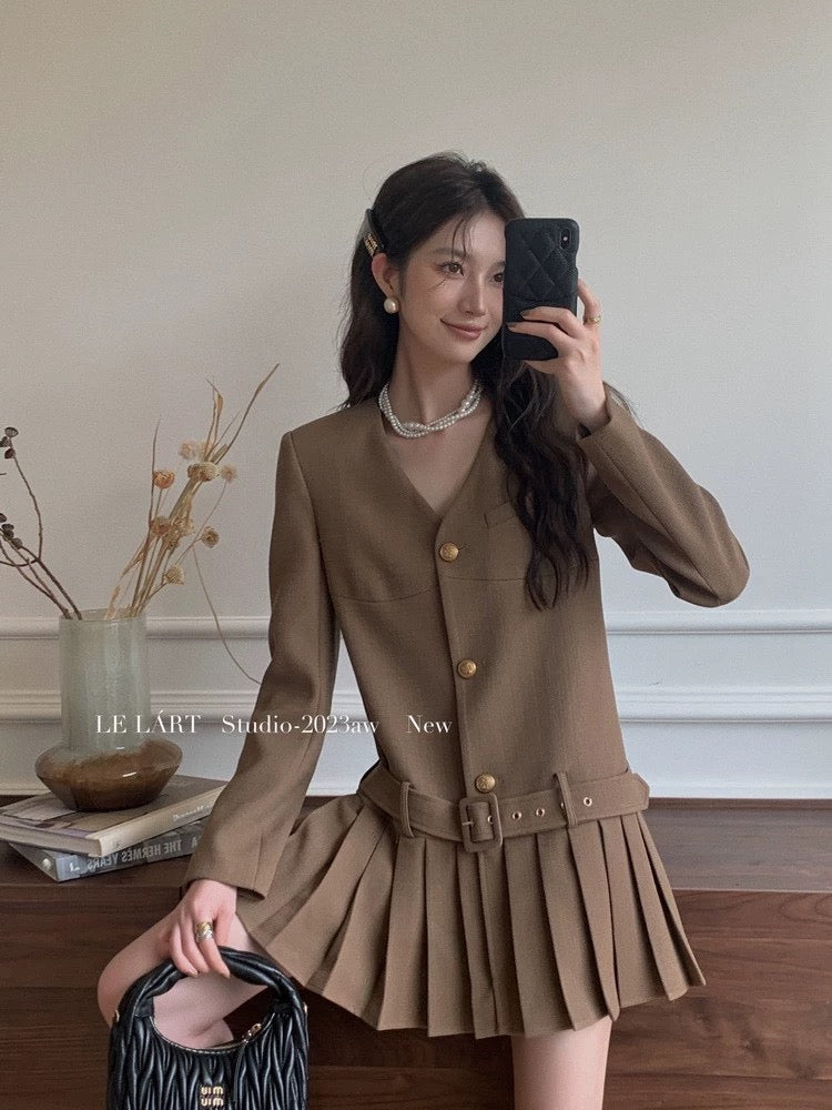 LELART 2024 Spring and Autumn New Dress French Xiaoxiang Loose Flesh-covering V-neck Suit Skirt Pleated Short Skirt