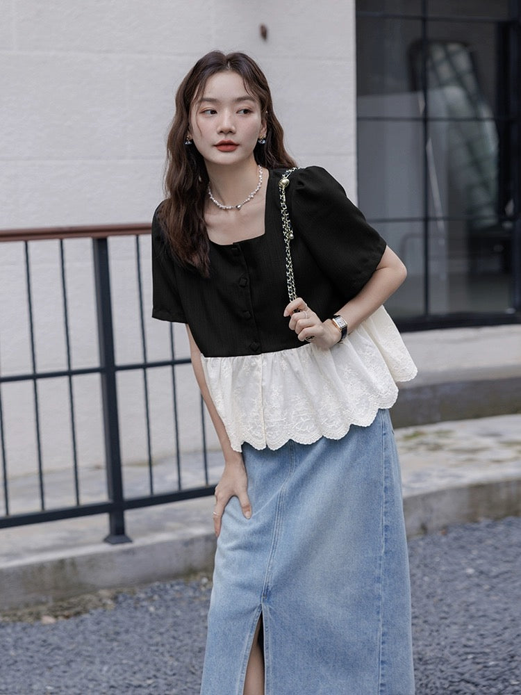 Love Rose Large Size French Short Sleeve Babydoll Slightly Fat Belly Covering Top Women's Summer Slim Fat mm Square Neck Shirt