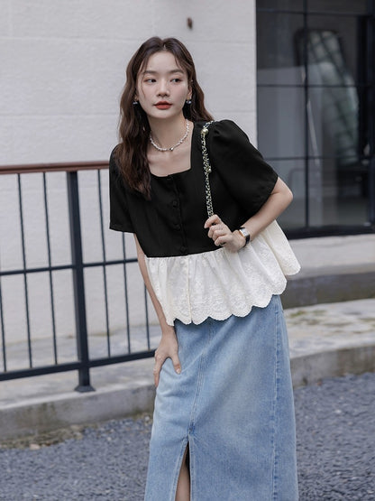 Love Rose Large Size French Short Sleeve Babydoll Slightly Fat Belly Covering Top Women's Summer Slim Fat mm Square Neck Shirt
