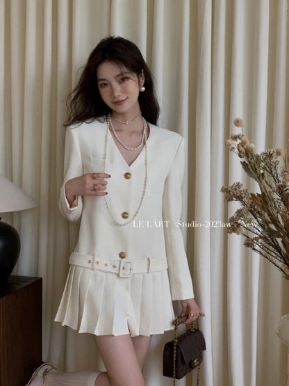 LELART 2024 Spring and Autumn New Dress French Xiaoxiang Loose Flesh-covering V-neck Suit Skirt Pleated Short Skirt