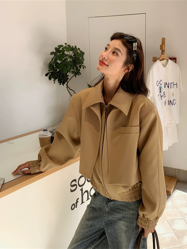 American casual khaki large lapel short jacket for women spring and autumn 2025 new style small popular hot-selling jacket