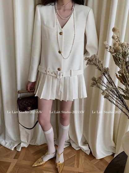 LELART 2024 Spring and Autumn New Dress French Xiaoxiang Loose Flesh-covering V-neck Suit Skirt Pleated Short Skirt