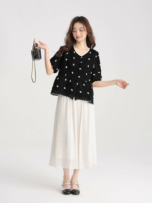 Love Rose Large Size French Shirt Fat mm Slim Women's Ruffled Black Waist Top Summer Short Sleeve Floral Shirt