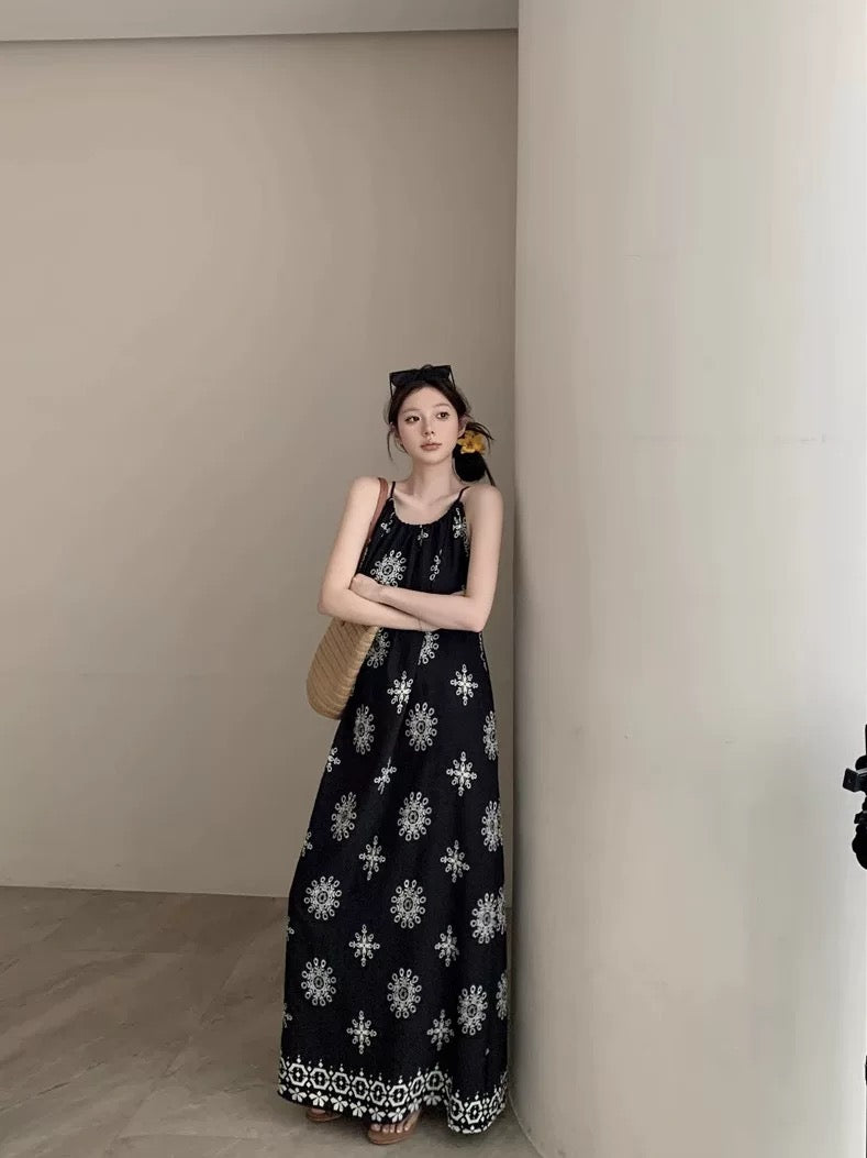 Kumikumi sweet style design retro print suspender dress female summer niche chic long skirt