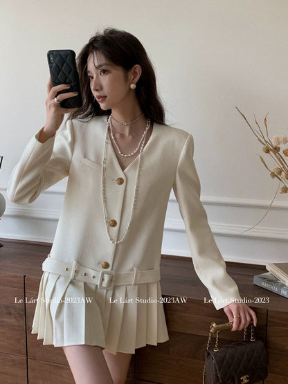 LELART 2024 Spring and Autumn New Dress French Xiaoxiang Loose Flesh-covering V-neck Suit Skirt Pleated Short Skirt