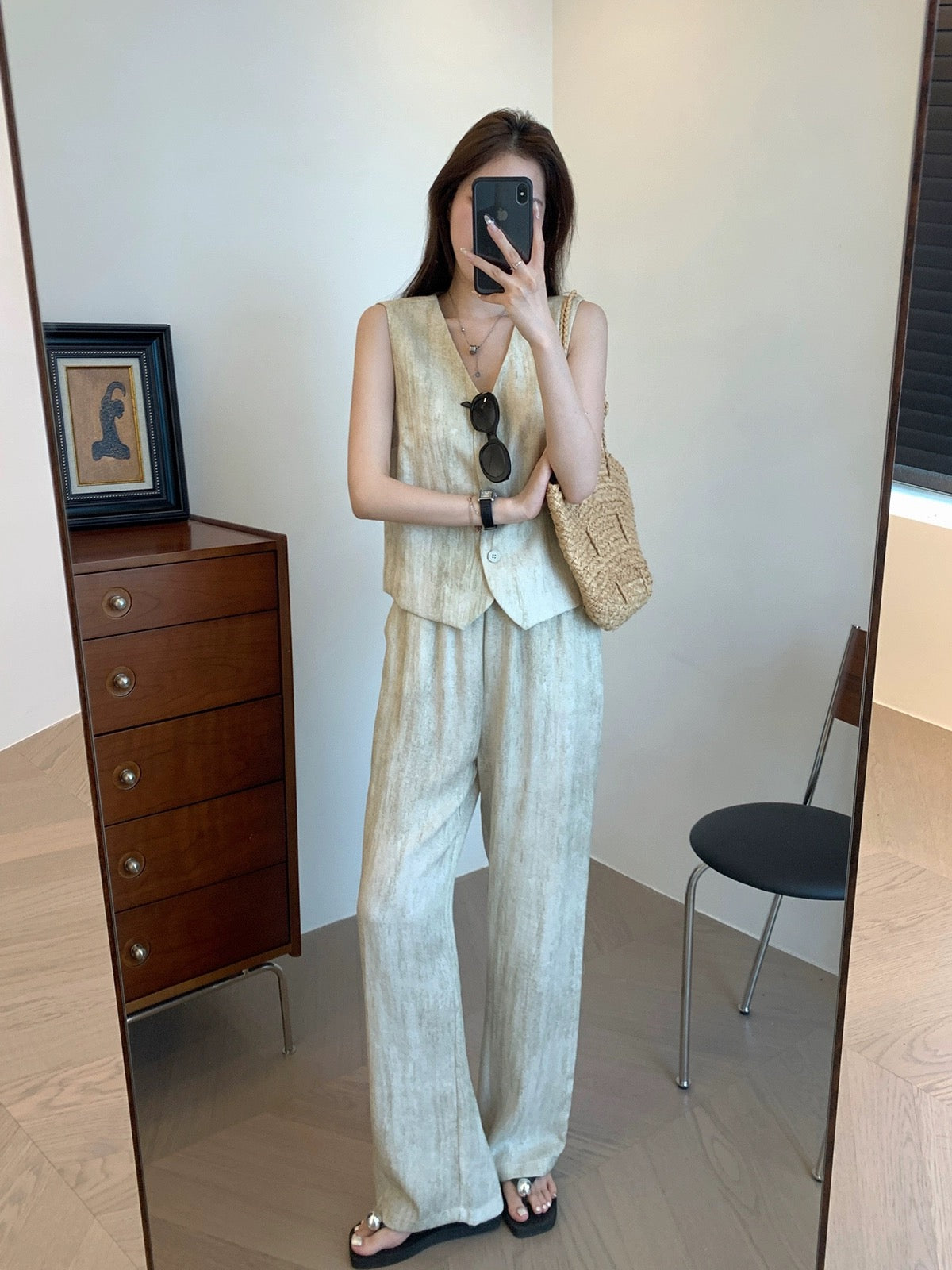 THEWOW fashionable and stylish linen blend comfortable salt shrinkage sand washed V-neck short vest pants suit summer