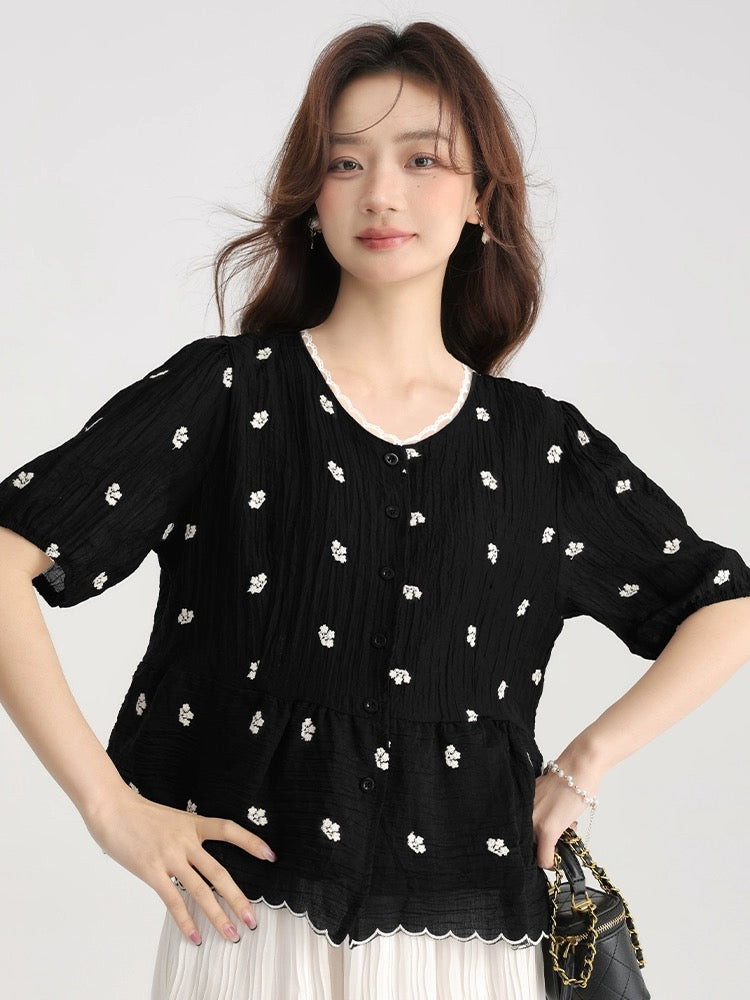 Love Rose Large Size French Shirt Fat mm Slim Women's Ruffled Black Waist Top Summer Short Sleeve Floral Shirt