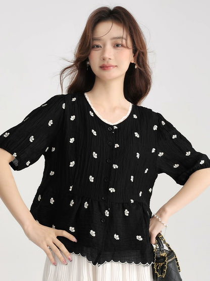 Love Rose Large Size French Shirt Fat mm Slim Women's Ruffled Black Waist Top Summer Short Sleeve Floral Shirt