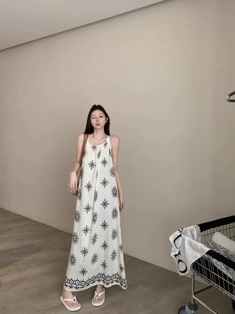 Kumikumi sweet style design retro print suspender dress female summer niche chic long skirt