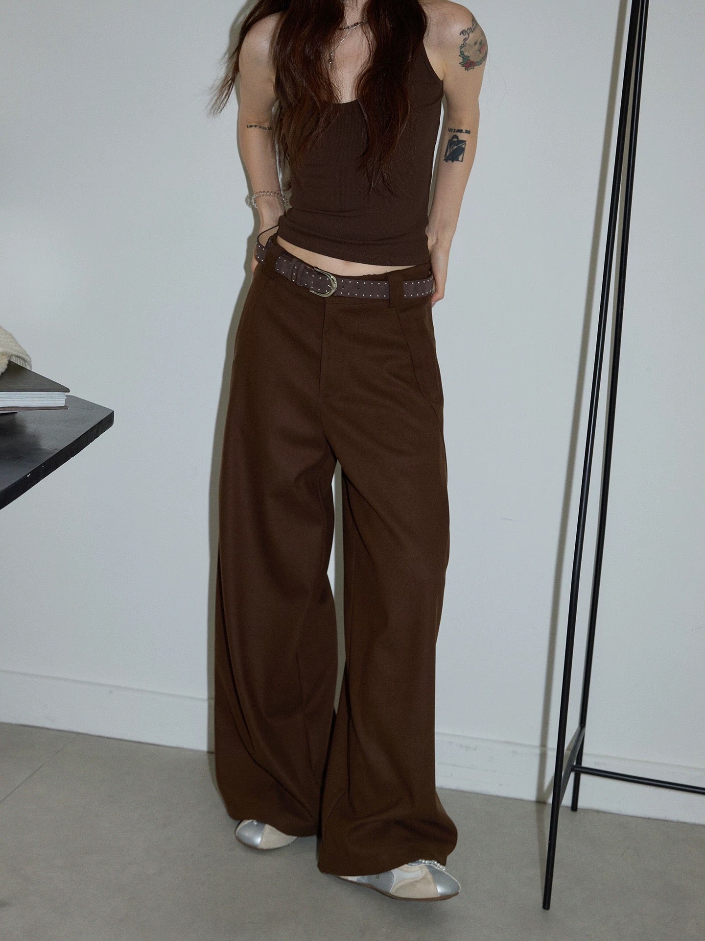 Chaochao's American Retro Brown High-Waisted Casual Pants for Women, Autumn 2025, Straight Leg Loose Fit Suit Wide Leg Pants