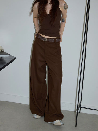 Chaochao's American Retro Brown High-Waisted Casual Pants for Women, Autumn 2025, Straight Leg Loose Fit Suit Wide Leg Pants