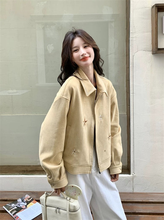 Retro embroidery yellow suede casual jacket for women spring and autumn 2025 new style small size this year popular and very good looking