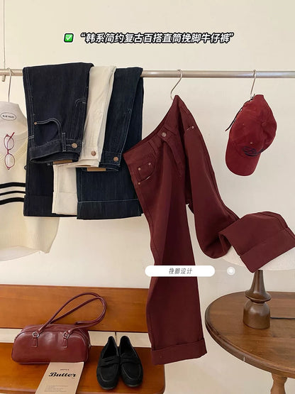 Counter quality ~ high-waisted rolled edge narrow straight jeans for women autumn high-waisted slim versatile nine-point casual pants