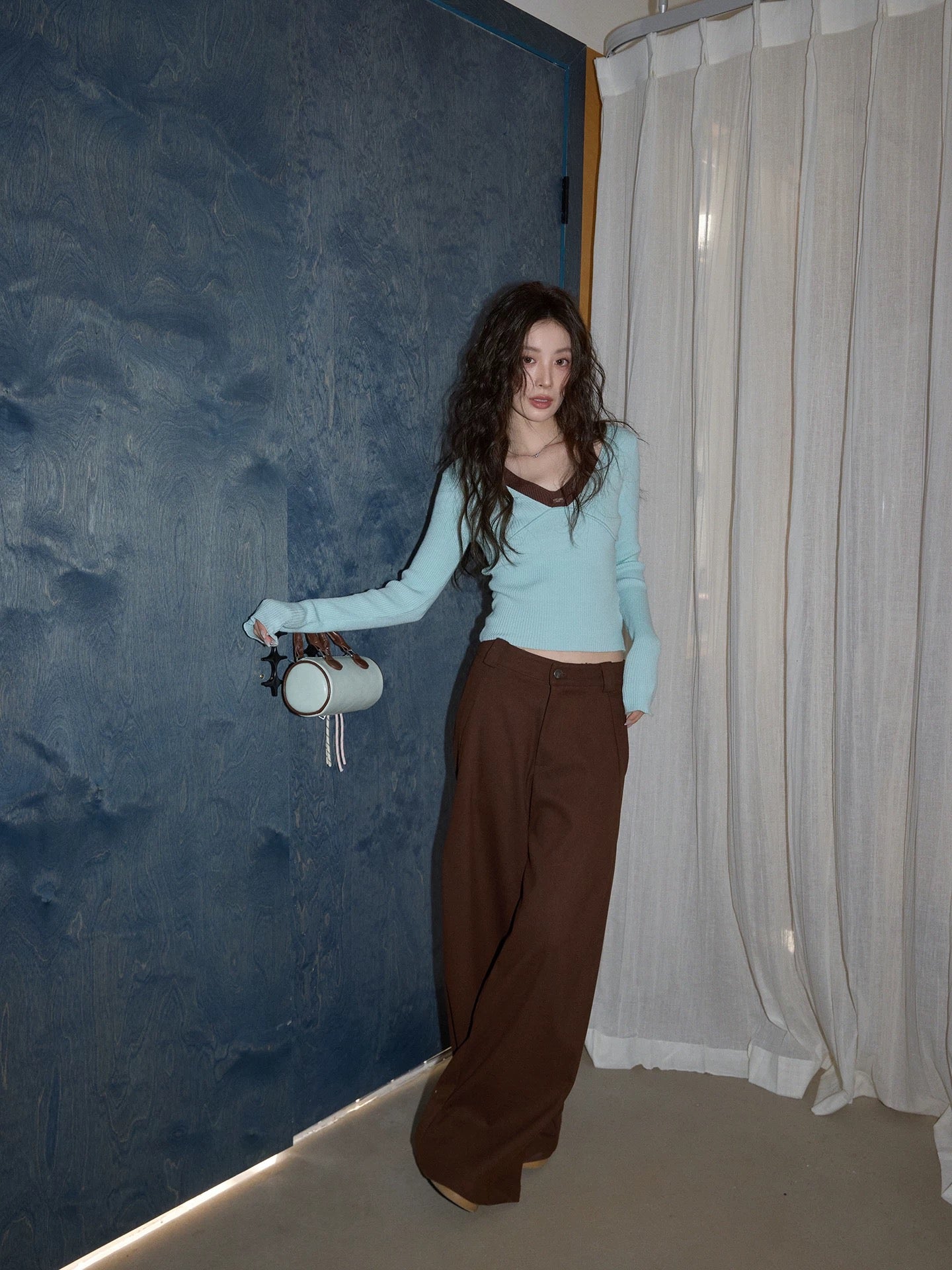 Chaochao's American Retro Brown High-Waisted Casual Pants for Women, Autumn 2025, Straight Leg Loose Fit Suit Wide Leg Pants