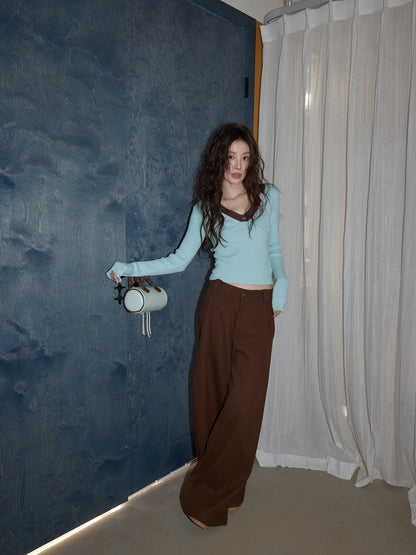 Chaochao's American Retro Brown High-Waisted Casual Pants for Women, Autumn 2025, Straight Leg Loose Fit Suit Wide Leg Pants