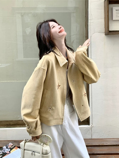 Retro embroidery yellow suede casual jacket for women spring and autumn 2025 new style small size this year popular and very good looking