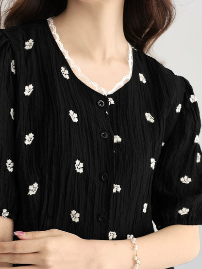 Love Rose Large Size French Shirt Fat mm Slim Women's Ruffled Black Waist Top Summer Short Sleeve Floral Shirt