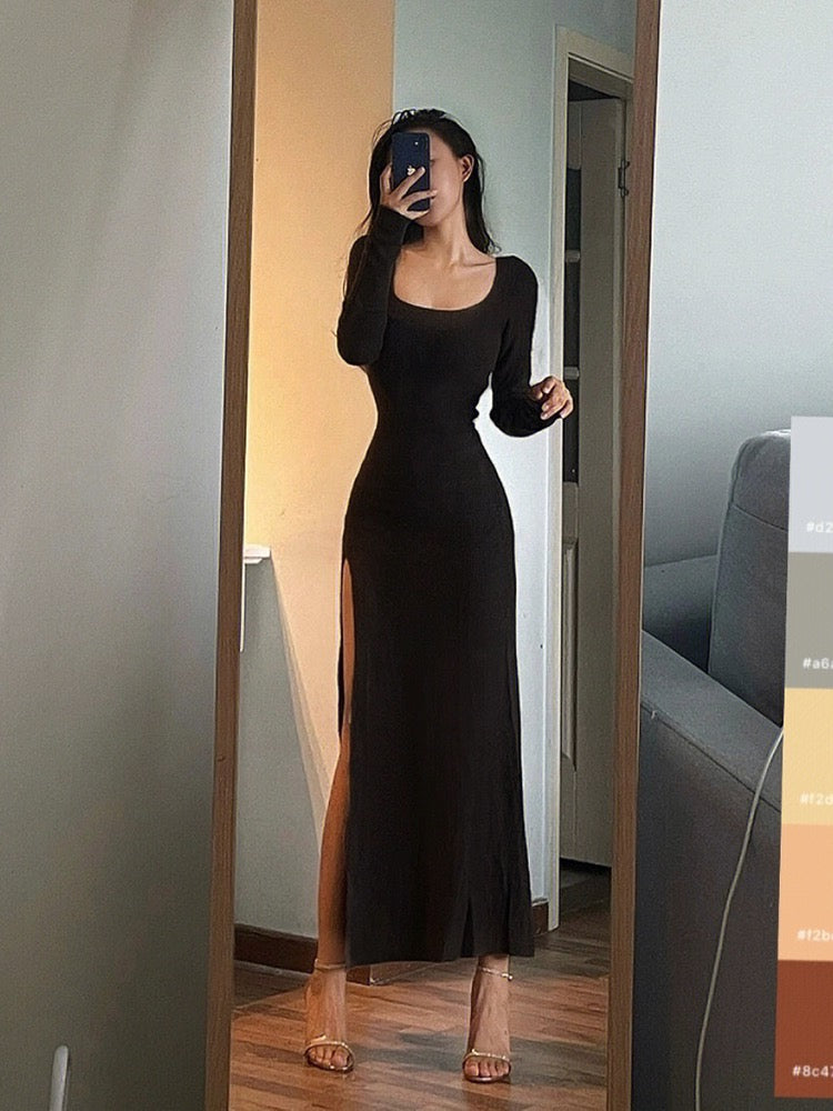 Spring and Autumn European and American hotties show off their figure and reveal their clavicle, U-neck dress, feminine side slit, hip-covering skims, trendy long skirt