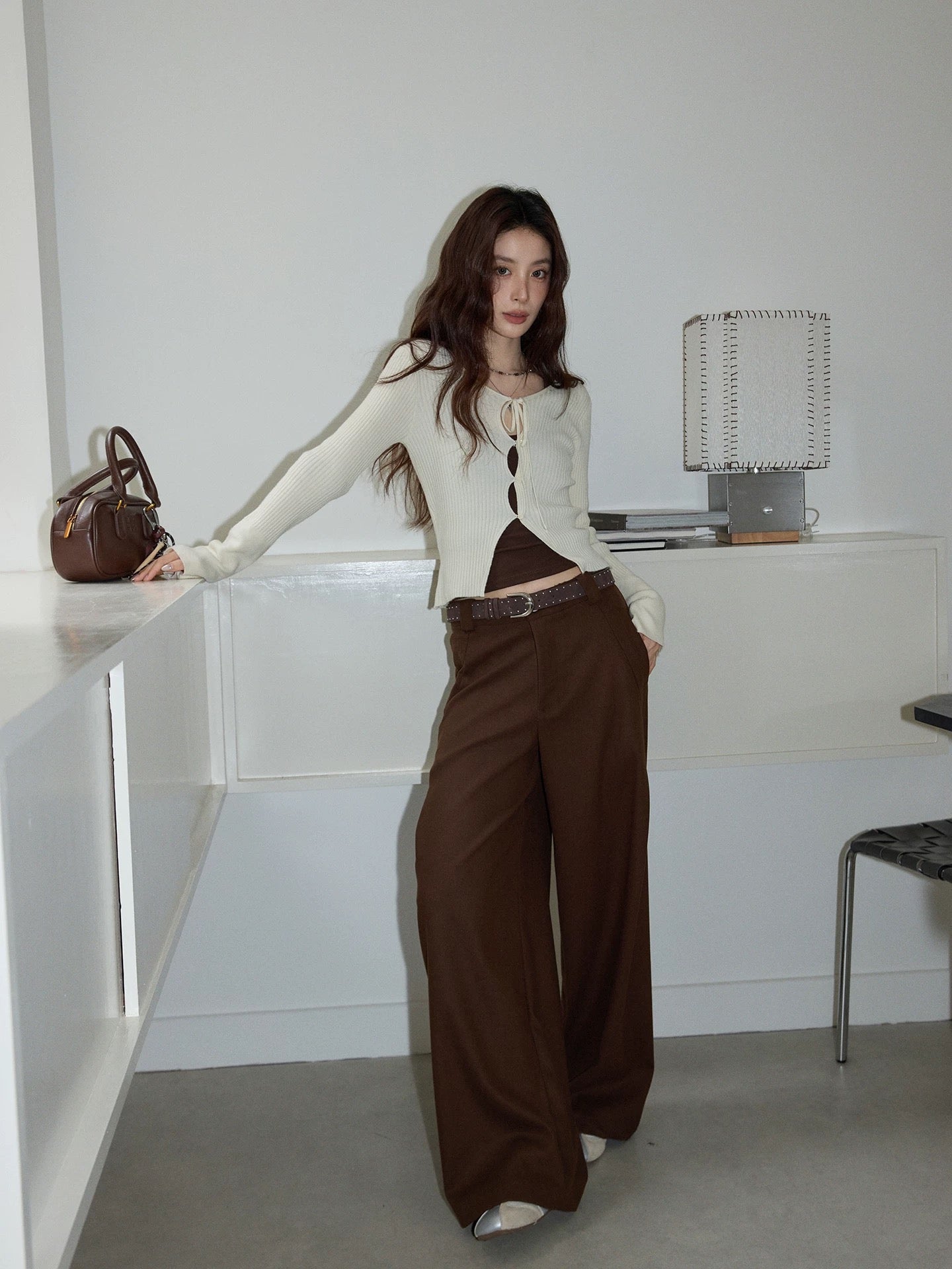 Chaochao's American Retro Brown High-Waisted Casual Pants for Women, Autumn 2025, Straight Leg Loose Fit Suit Wide Leg Pants