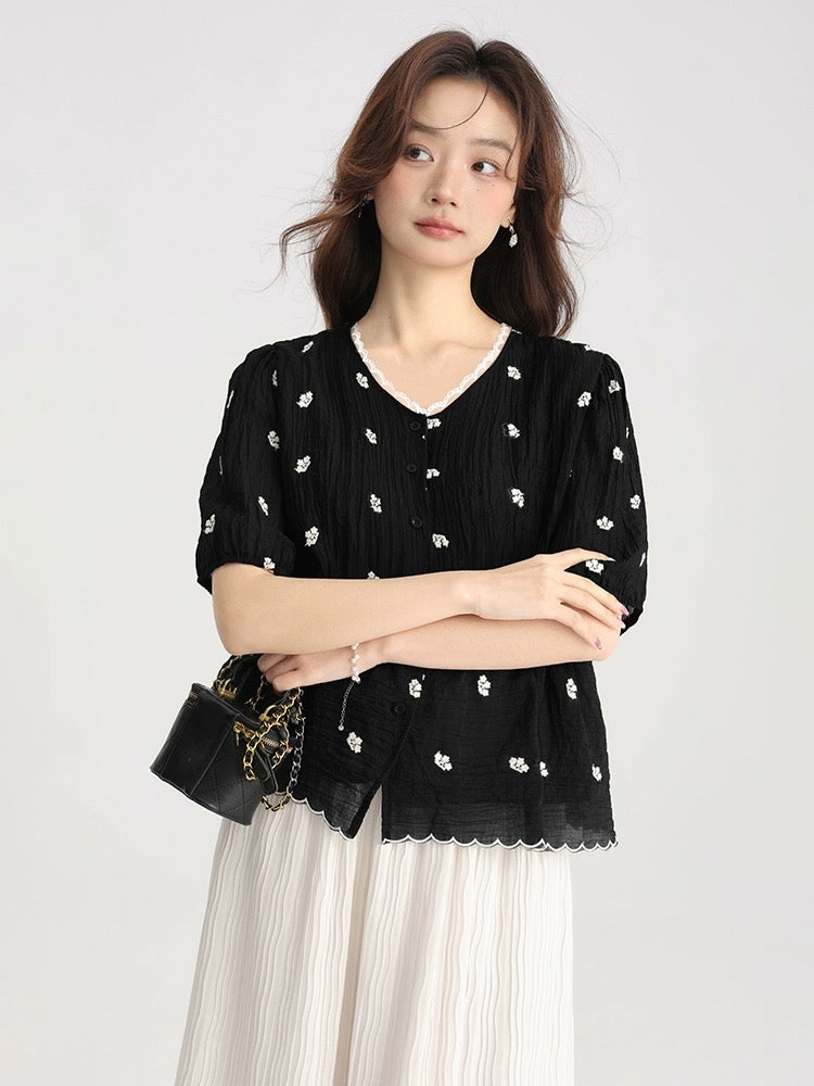 Love Rose Large Size French Shirt Fat mm Slim Women's Ruffled Black Waist Top Summer Short Sleeve Floral Shirt
