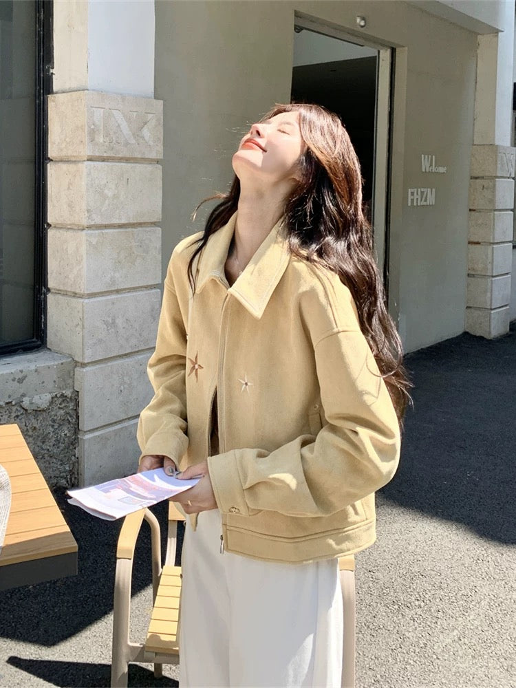Retro embroidery yellow suede casual jacket for women spring and autumn 2025 new style small size this year popular and very good looking