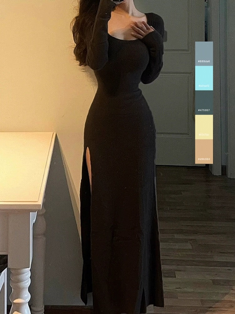 Spring and Autumn European and American hotties show off their figure and reveal their clavicle, U-neck dress, feminine side slit, hip-covering skims, trendy long skirt