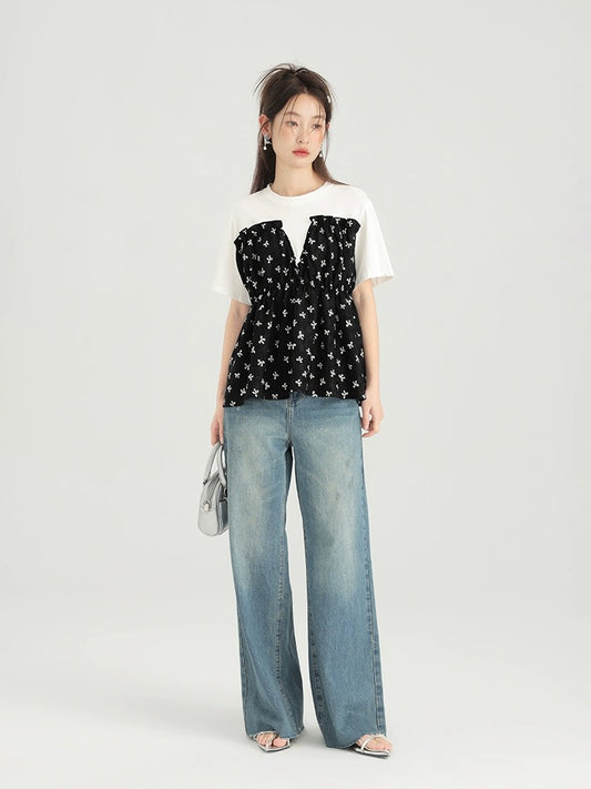 Love Rose Large Size Summer Dress for Fat mm Slim Bow Tie Shirt Women's High-Waist Stitching Fake Two-piece Top