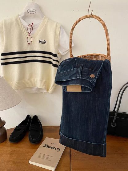 Counter quality ~ high-waisted rolled edge narrow straight jeans for women autumn high-waisted slim versatile nine-point casual pants