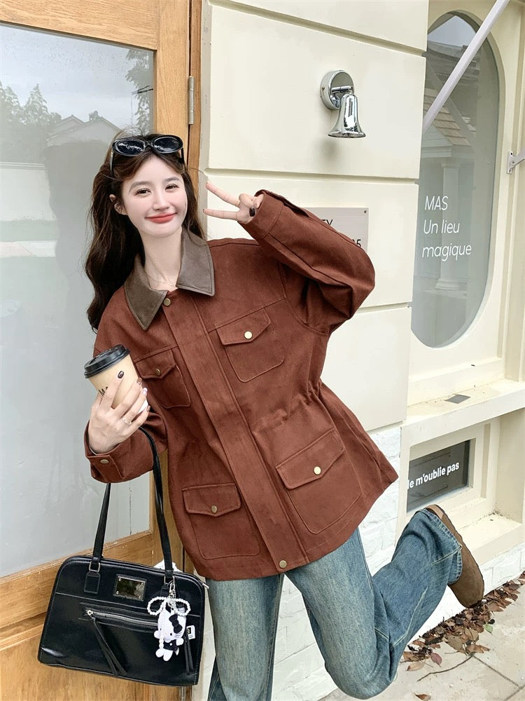 PU leather contrast lapel rust red casual jacket for women spring and autumn 2025 new style small size temperament great looking top