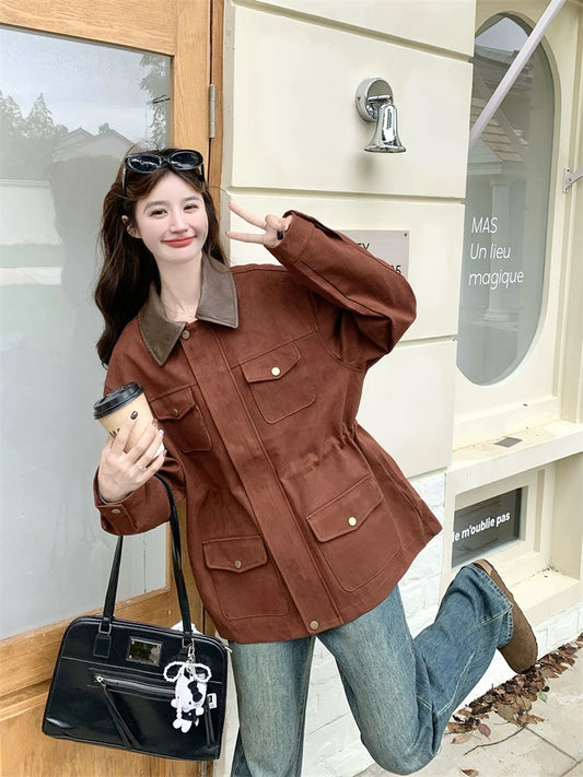 PU leather contrast lapel rust red casual jacket for women spring and autumn 2025 new style small size temperament great looking top